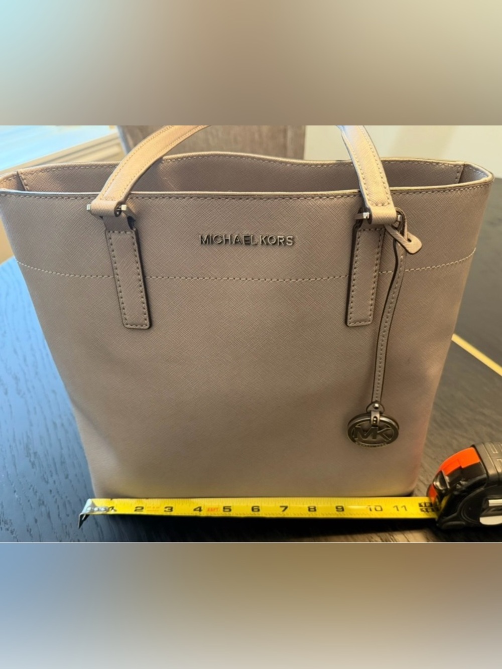 Michael Kors Beige Gray Leather Saffiano Tote with Logo Charm